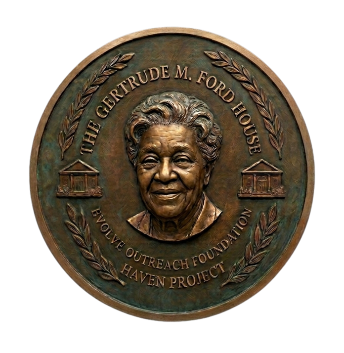 Bronze portrait honoring Gertrude M. Ford